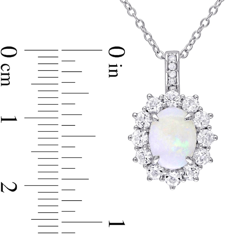 Oval Opal, White Topaz and Diamond Accent Starburst Frame Drop Pendant in Sterling Silver
