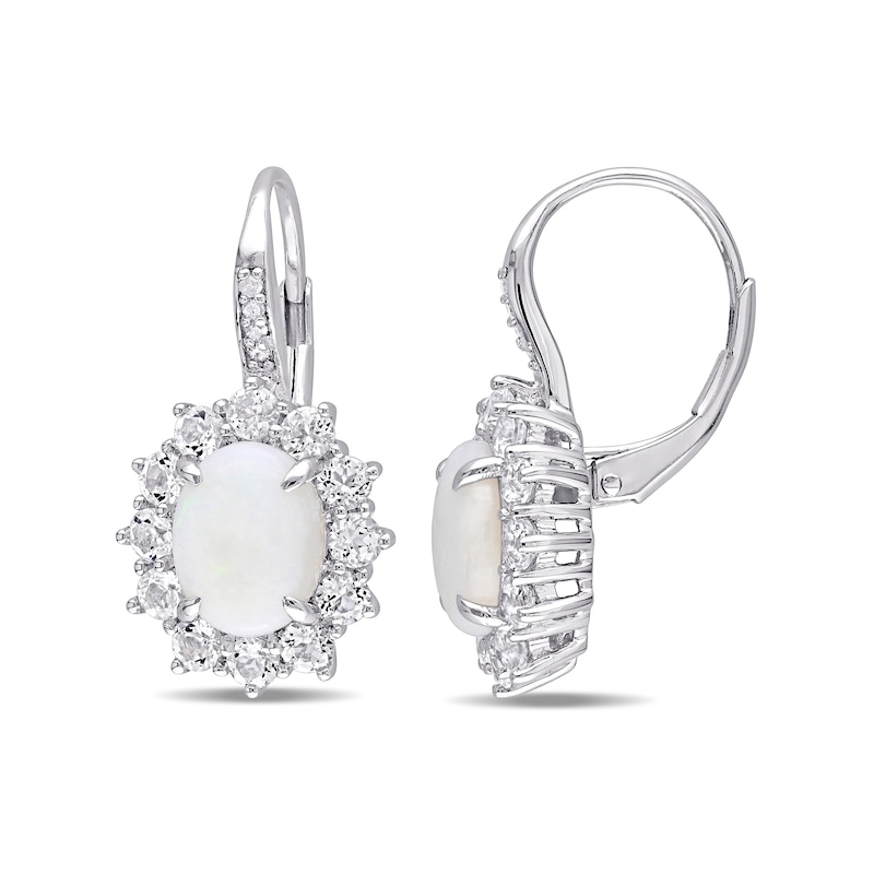 Oval Opal, White Topaz and 0.04 CT. T.W. Diamond Starburst Frame Drop Earrings in Sterling Silver