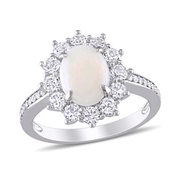 Oval Opal, White Topaz and 0.10 CT. T.W. Diamond Starburst Frame Ring in Sterling Silver