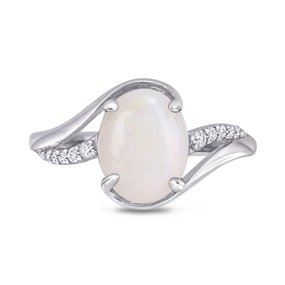 Oval Opal and 0.08 CT. T.W. Diamond Bypass Split Shank Ring in Sterling Silver