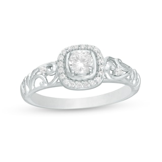 0.37 CT. T.W. Diamond Cushion Frame Filigree Shank Ring in 10K White Gold