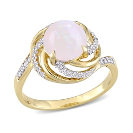 8.0mm Opal, White Topaz and 0.04 CT. T.W. Diamond Swirl Frame Bypass Ring in Sterling Silver with Yellow Rhodium