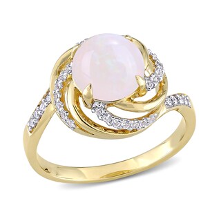 8.0mm Opal, White Topaz and 0.04 CT. T.W. Diamond Swirl Frame Bypass Ring in Sterling Silver with Yellow Rhodium