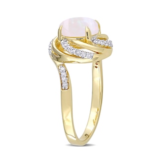 8.0mm Opal, White Topaz and 0.04 CT. T.W. Diamond Swirl Frame Bypass Ring in Sterling Silver with Yellow Rhodium