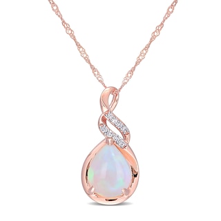 Pear-Shaped Opal and 0.04 CT. T.W. Diamond Cascading Teardrop Pendant in 10K Rose Gold - 17"