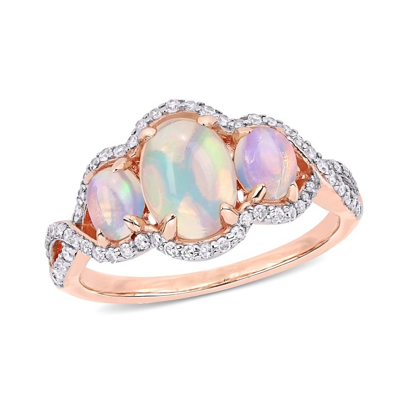 Oval Cabochon Opal and 0.31 CT. T.W. Diamond Frame Three Stone Twist Shank Ring in 10K Rose Gold|Peoples Jewellers