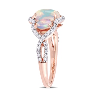 Oval Cabochon Opal and 0.31 CT. T.W. Diamond Frame Three Stone Twist Shank Ring in 10K Rose Gold