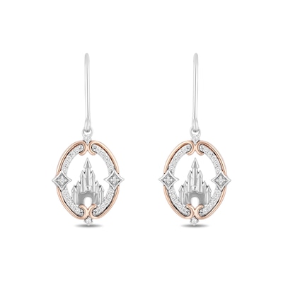 Enchanted Disney Princess 0.145 CT. T.W. Diamond Castle Drop Earrings in Sterling Silver and 10K Rose Gold