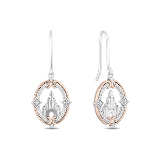 Enchanted Disney Princess 0.145 CT. T.W. Diamond Castle Drop Earrings in Sterling Silver and 10K Rose Gold