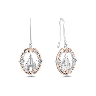 Enchanted Disney Princess 0.145 CT. T.W. Diamond Castle Drop Earrings in Sterling Silver and 10K Rose Gold