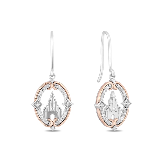 Enchanted Disney Princess 0.145 CT. T.W. Diamond Castle Drop Earrings in Sterling Silver and 10K Rose Gold