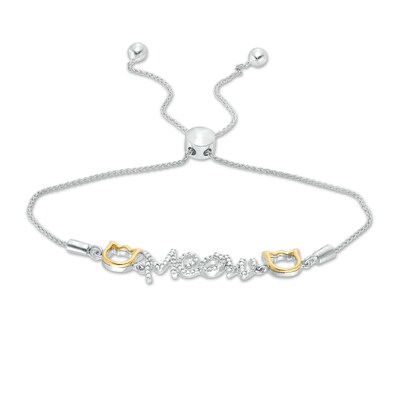 0.04 CT. T.W. Diamond Cat Silhouette "Meow" Bolo Bracelet in Sterling Silver and 10K Gold - 9.5"