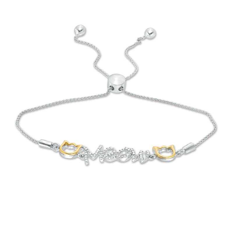 Main Image 1 of 0.04 CT. T.W. Diamond Cat Silhouette &quot;Meow&quot; Bolo Bracelet in Sterling Silver and 10K Gold - 9.5&quot;