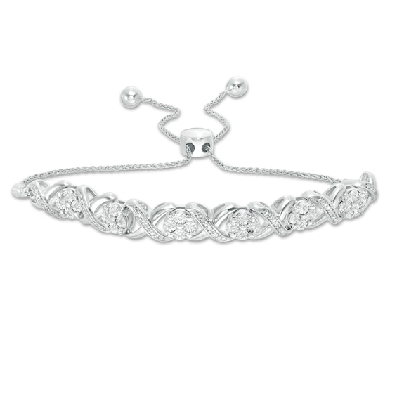 0.09 CT. T.W. Diamond Cascading Infinity with Flowers Bolo Bracelet in Sterling Silver - 9.5"