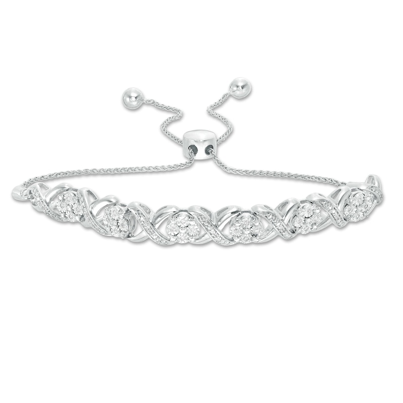 0.09 CT. T.W. Diamond Cascading Infinity with Flowers Bolo Bracelet in Sterling Silver - 9.5"|Peoples Jewellers