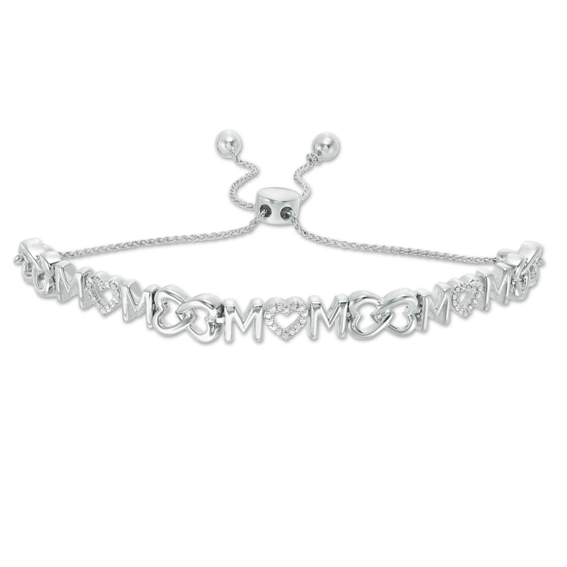 0.09 CT. T.W. Diamond Continuous "MOM" with Hearts Bolo Bracelet in Sterling Silver - 9.5"