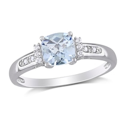 6.0mm Chequerboard Cushion-Shaped Aquamarine and 0.05 CT. T.W. Diamond Trio Collar Ring in Sterling Silver