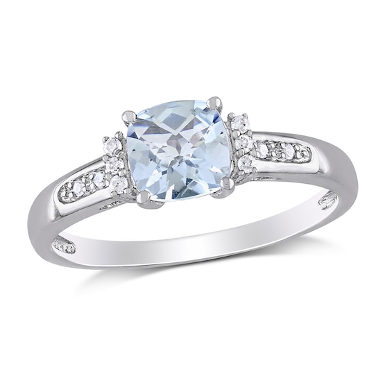 6.0mm Chequerboard Cushion-Cut Aquamarine and 0.05 CT. T.W. Diamond Trio Collar Ring in Sterling Silver