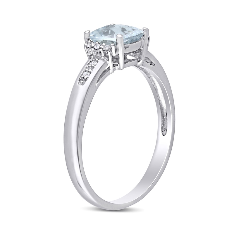 6.0mm Chequerboard Cushion-Cut Aquamarine and 0.05 CT. T.W. Diamond Trio Collar Ring in Sterling Silver