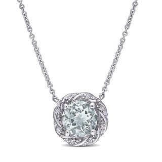 7.0mm Aquamarine and 0.12 CT. T.W. Diamond Swirl Frame Necklace in 10K White Gold - 17"