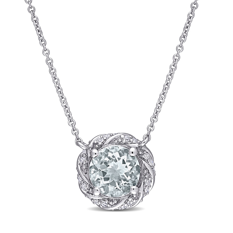 7.0mm Aquamarine and 0.12 CT. T.W. Diamond Swirl Frame Necklace in 10K White Gold - 17"|Peoples Jewellers