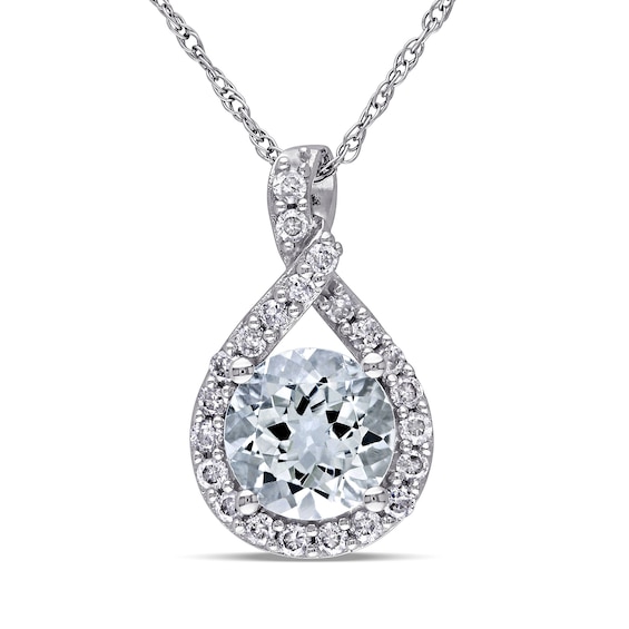 7.0mm Aquamarine and 0.22 CT. T.W. Diamond Twisted Teardrop Pendant in 10K White Gold - 17"