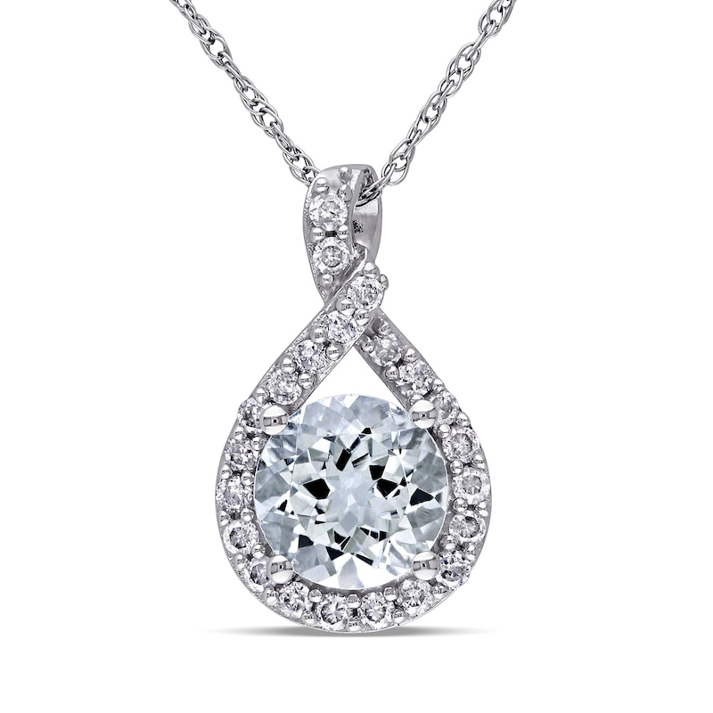 7.0mm Aquamarine and 0.22 CT. T.W. Diamond Twisted Teardrop Pendant in 10K White Gold - 17"|Peoples Jewellers