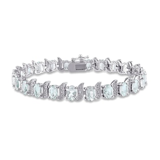 Oval Aquamarine and Diamond Accent Beaded "S" Tennis Bracelet in Sterling Silver