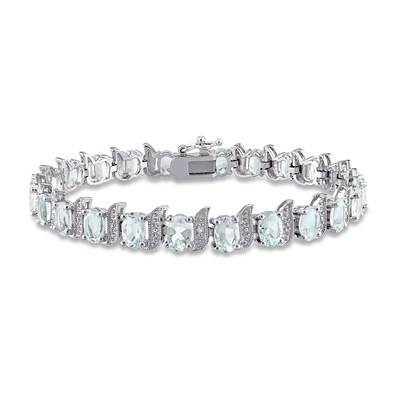 Oval Aquamarine and Diamond Accent Beaded "S" Tennis Bracelet in Sterling Silver