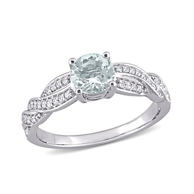 6.0mm Aquamarine and 0.23 CT. T.W. Diamond Twist Shank Ring in 14K White Gold