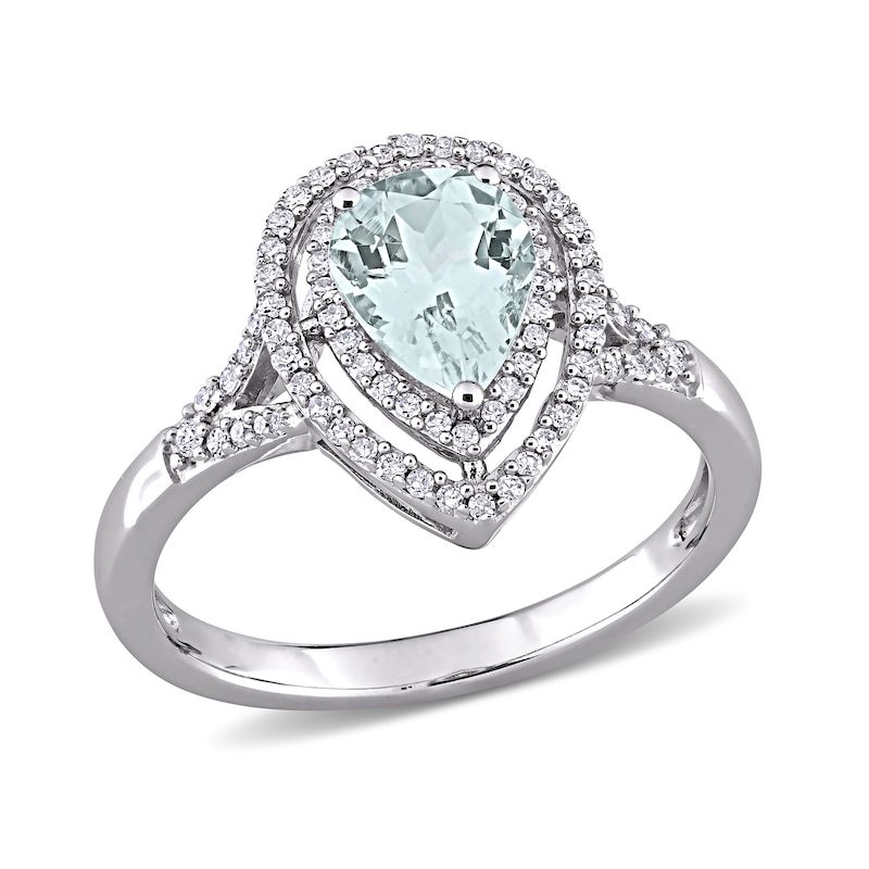 Pear-Shaped Aquamarine and 0.25 CT. T.W. Diamond Open Double Frame Split Shank Ring in 14K White Gold|Peoples Jewellers