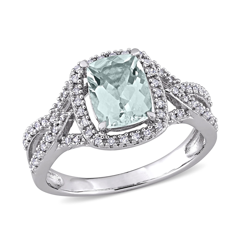 Cushion-Cut Aquamarine and 0.17 CT. T.W. Diamond Frame Tapered Split Shank Ring in 10K White Gold|Peoples Jewellers