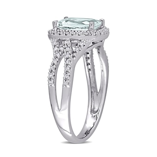 Cushion-Cut Aquamarine and 0.17 CT. T.W. Diamond Frame Tapered Split Shank Ring in 10K White Gold