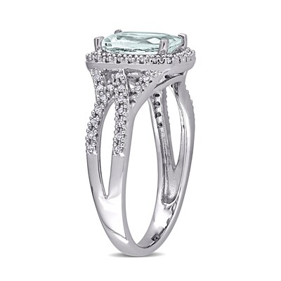 Cushion-Cut Aquamarine and 0.17 CT. T.W. Diamond Frame Tapered Split Shank Ring in 10K White Gold