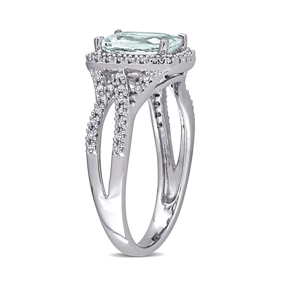 Cushion-Cut Aquamarine and 0.17 CT. T.W. Diamond Frame Tapered Split Shank Ring in 10K White Gold