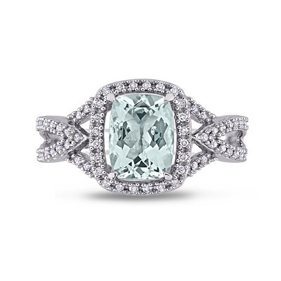 Cushion-Cut Aquamarine and 0.17 CT. T.W. Diamond Frame Tapered Split Shank Ring in 10K White Gold