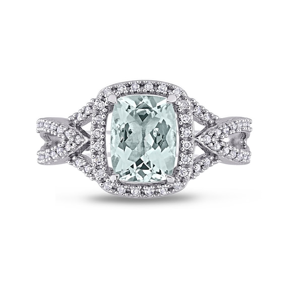 Cushion-Cut Aquamarine and 0.17 CT. T.W. Diamond Frame Tapered Split Shank Ring in 10K White Gold