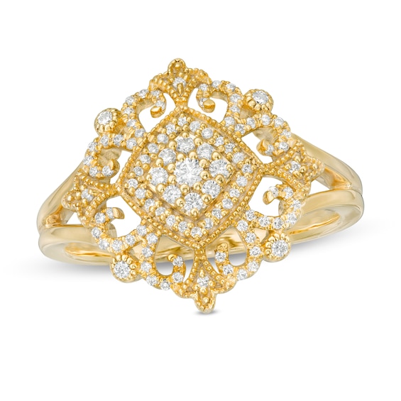 0.23 CT. T.W. Composite Diamond Tilted Cushion Ornate Vintage-Style Ring in 10K Gold