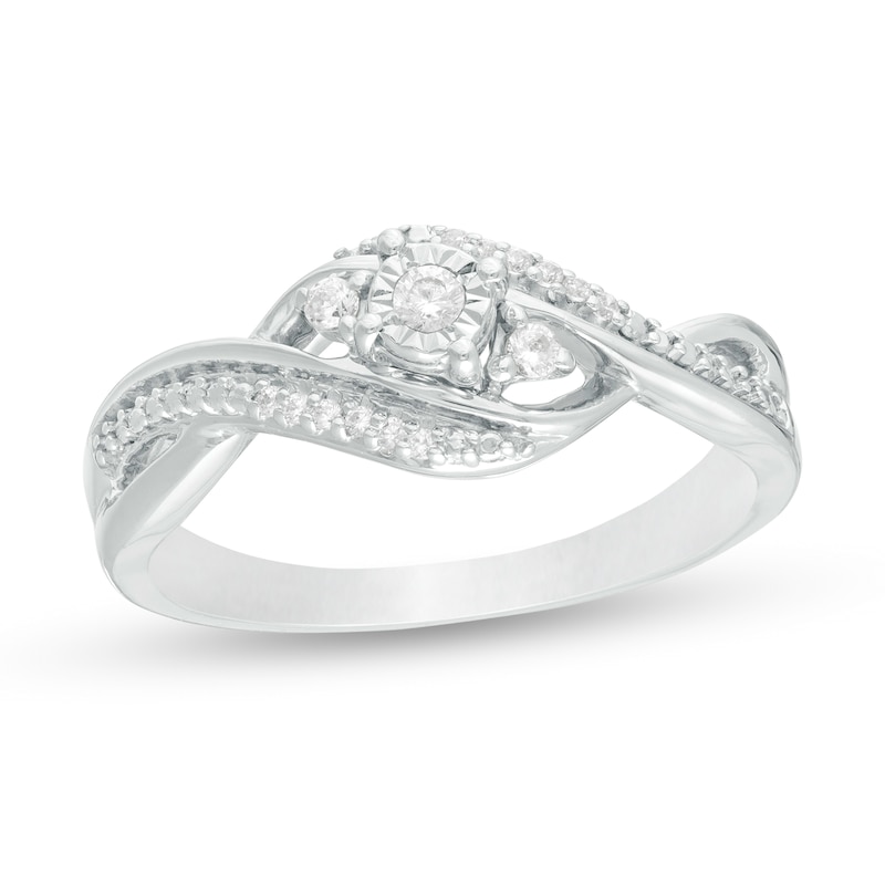 0.09 CT. T.W. Diamond Three Stone Twist Shank Promise Ring in Sterling Silver|Peoples Jewellers