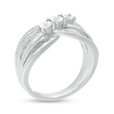 Diamond Accent Three Stone Bypass Split Shank Promise Ring in Sterling Silver