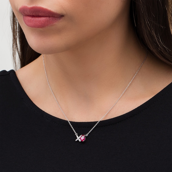 Oval Lab-Created Ruby and White Sapphire "XO" Necklace in Sterling Silver