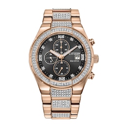 Men's Citizen Eco-Drive® Crystal Accent Rose-Tone Chronograph Watch with Black Dial (Model: CA0753-55E)