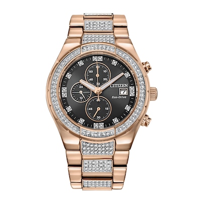 Men's Citizen Eco-Drive® Crystal Accent Rose-Tone Chronograph Watch with Black Dial (Model: CA0753-55E)