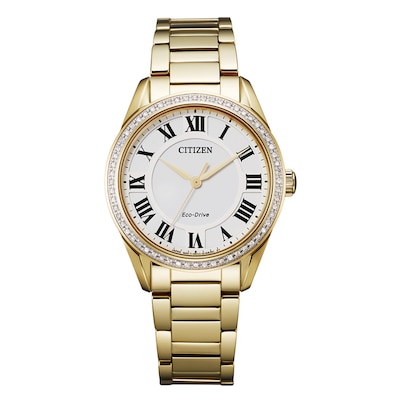 Ladies' Citizen Eco-Drive® Fiore Diamond Accent Gold-Tone Watch with White Dial (Model: EM0882-59A)