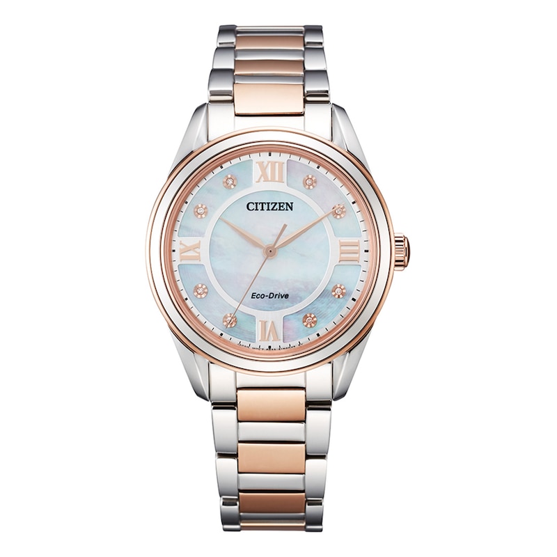 Ladies' Citizen Eco-Drive® Fiore Diamond Accent Two-Tone Watch with Mother-of-Pearl Dial (Model: EM0876-51D)|Peoples Jewellers