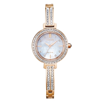 Ladies' Citizen Eco-Drive® Silhouette Crystal Rose-Tone Bangle Watch with Mother-of-Pearl Dial (Model: EM0863-53D)