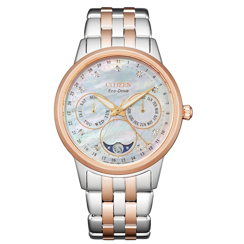Ladies' Citizen Eco-Drive® Calendrier Diamond Two-Tone Chronograph Watch with Mother-of-Pearl Dial (Model: FD0006-56D)|Peoples Jewellers