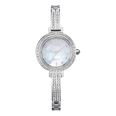 Ladies' Citizen Eco-Drive® Silhouette Crystal Accent Bangle Watch with Mother-of-Pearl Dial (Model: EM0860-51D)