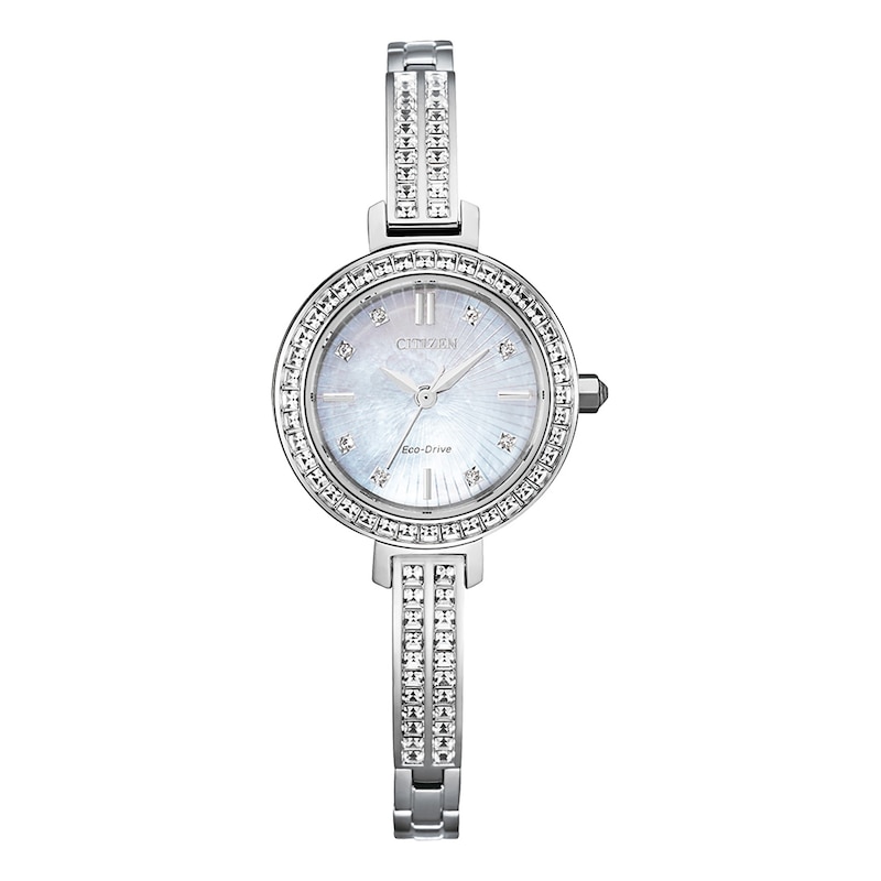 Ladies' Citizen Eco-Drive® Silhouette Crystal Accent Bangle Watch with Mother-of-Pearl Dial (Model: EM0860-51D)|Peoples Jewellers