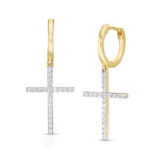 Men's 0.25 CT. T.W. Diamond Cross Drop Hoop Earrings in 10K Gold